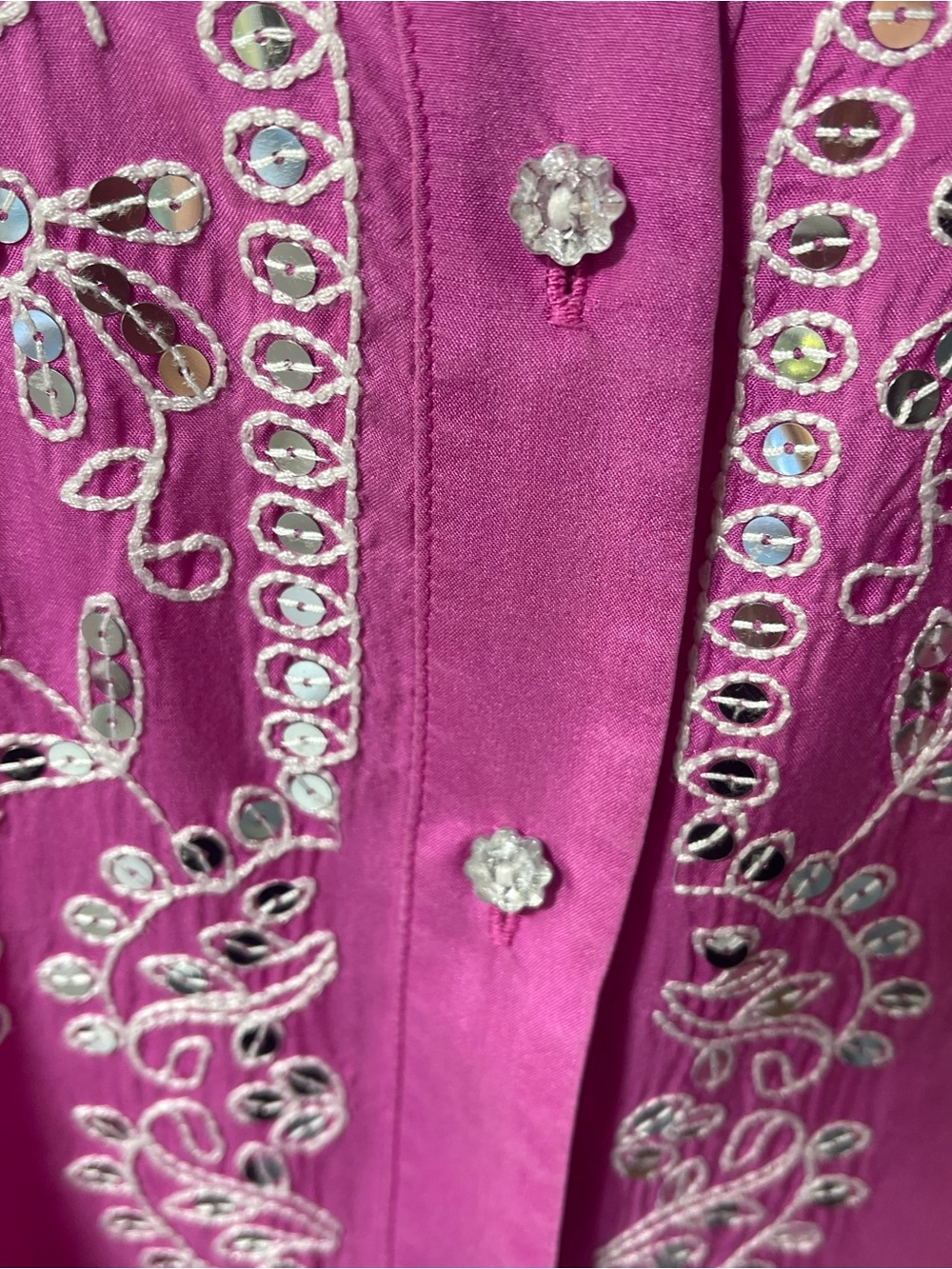 GO Silk 100% Silk Tunic Blouse Mandarin V-Neck Button Down Sequins Embroidered - Picture 7 of 16